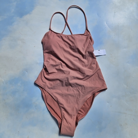 Light Pink Peach Colored High Leg One-Piece Swimsuit, Bathing Suit - Picture 1 of 9